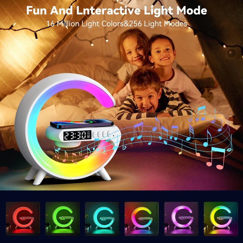 Luminária G-SPEAKER, caixa de som, carregador por indução, brilho LED e despertador - U Best Choices