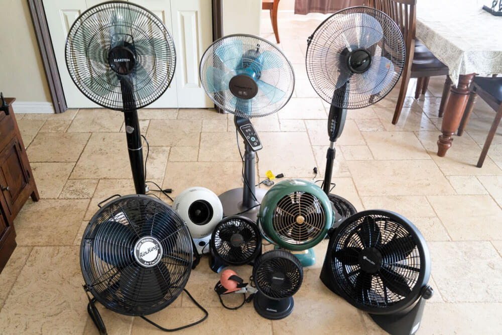 Fans of different styles arranged for airflow testing