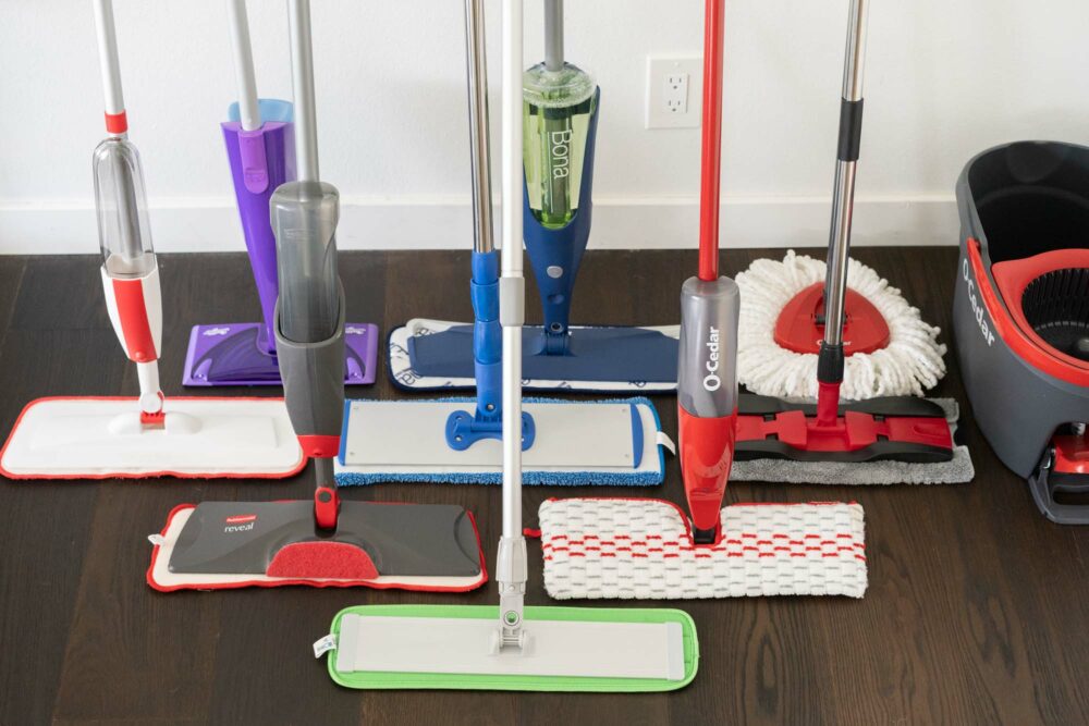 Mops lined up for cleaning performance tests