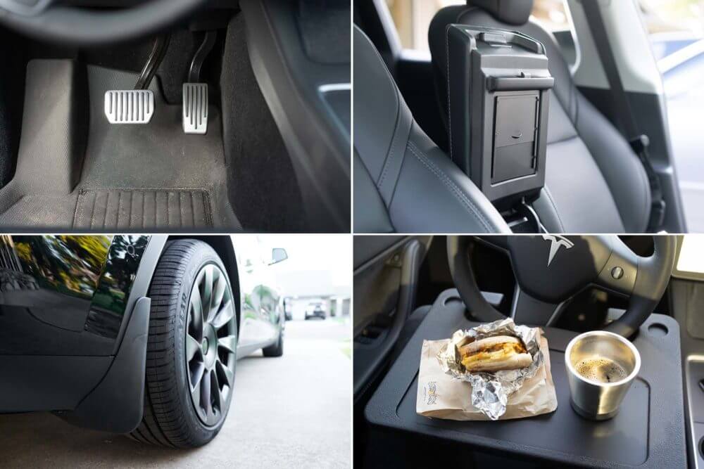 A collage of practical Tesla accessories being tested